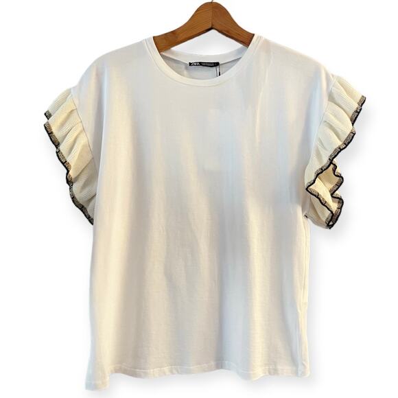 ZARA Trimmed T-Shirt White Top Gold Black Knit Cap Sleeve Ruffle Crew Neck Small - Picture 1 of 9